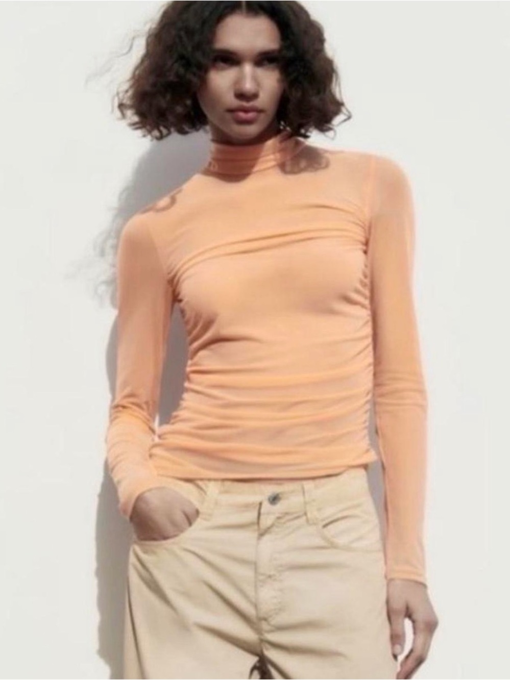 Zara Ruched High Neck Peach Mesh Top